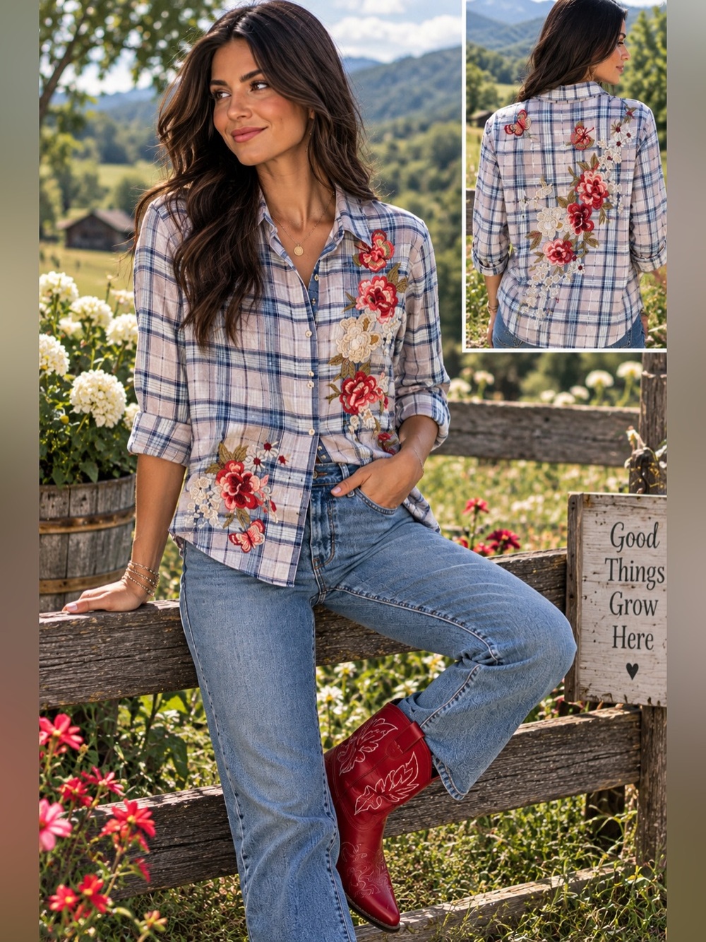 Johnny Was Embroidered Plaid Button Up Shirt Floral Butterfly Boho Small